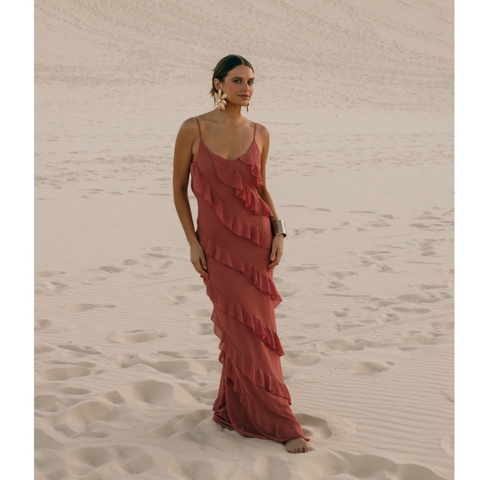 Petal & Pup Ciao Ruffle Chiffon Gown Rosewood Pink Maxi Dress Small New!