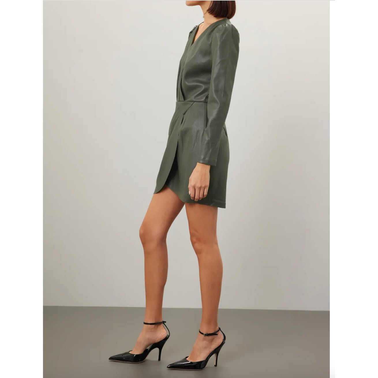 Saylor Dress Womens Small Olive Green Veronicka Faux Leather Mini V Neck Wrap