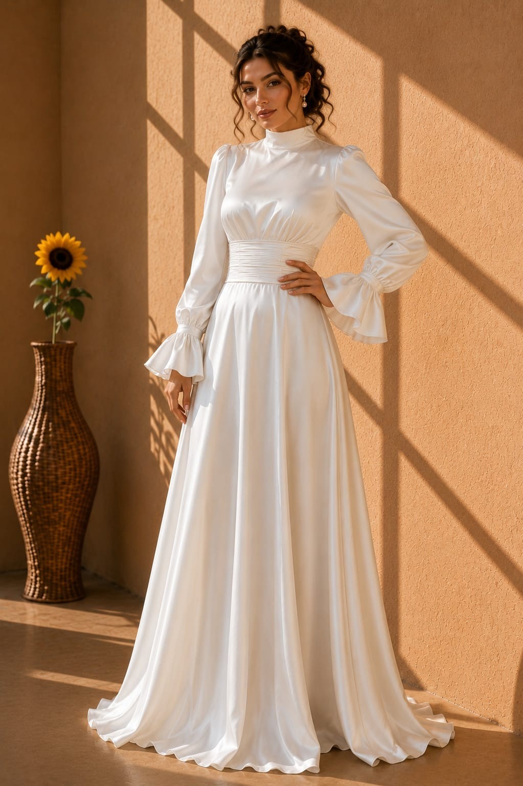 Women’s White Satin Wedding Dress Long Sleeve High Neck Bell Cuff Modest Gown