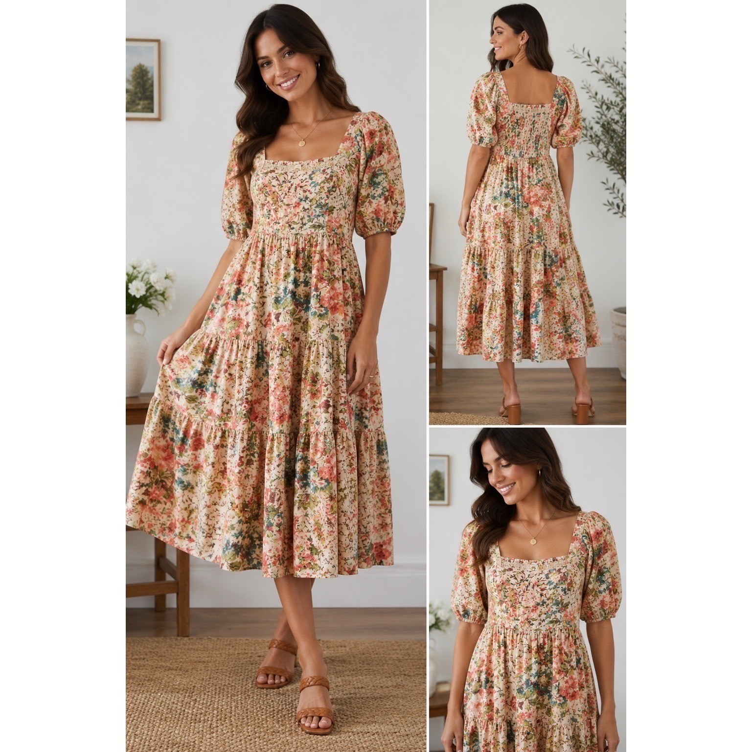 Uncle Frank Floral Eyelet Tiered Midi Dress Puff Sleeve Boho Cottagecore Medium