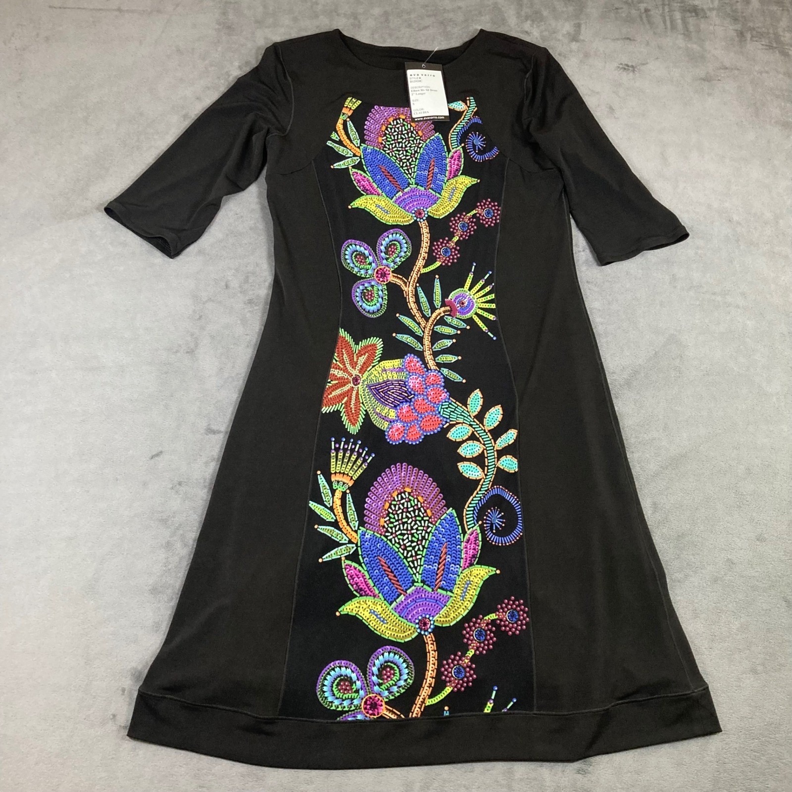 Eva Varro Black Floral Elbow Sleeve Silhouette Dress Small NWT USA Made