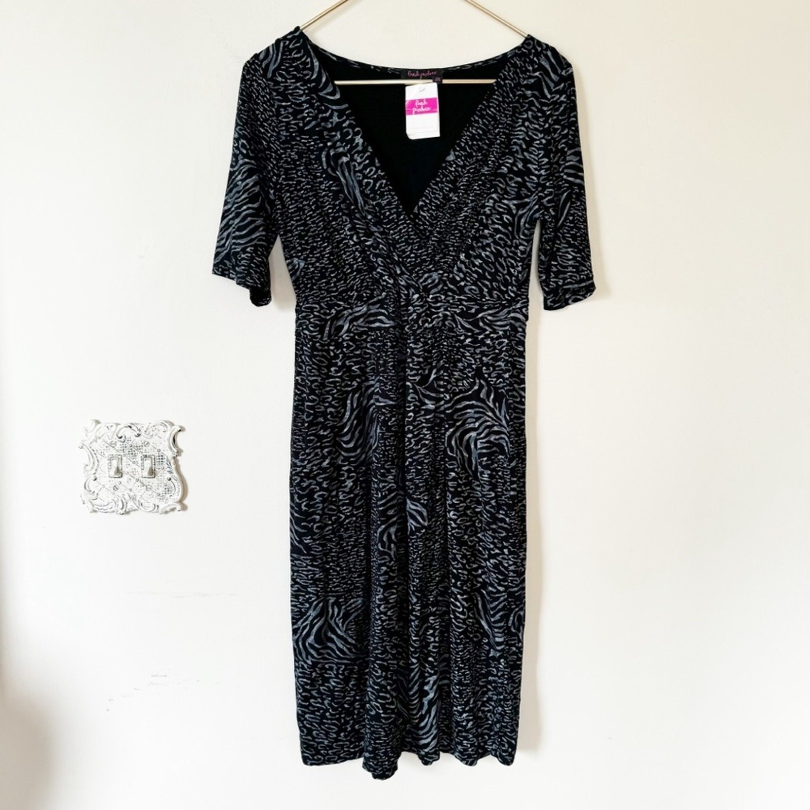 NWT Fresh Produce Flutter Sleeve Faux Wrap Dress in Black Gray Tunisia Print S