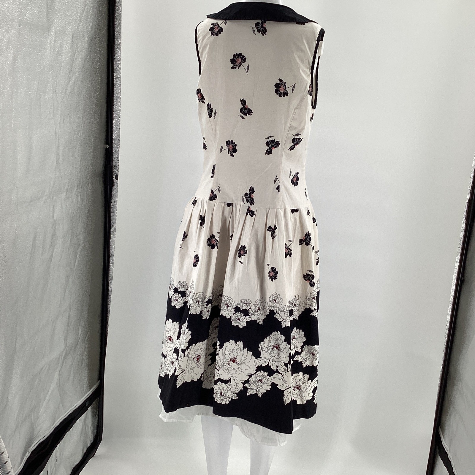 Womens Floral Peter Pan Collar Button Front Midi Dress Cream Black Retro FLAW