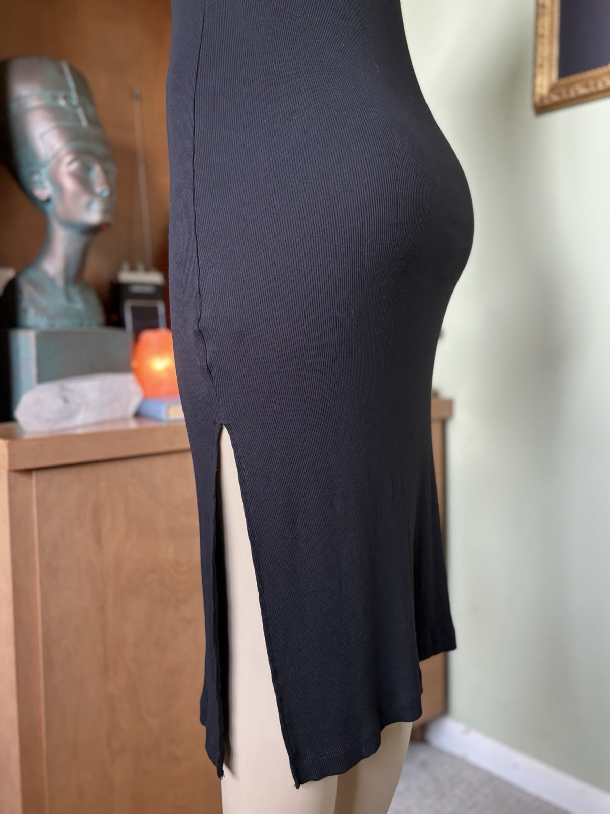 H & M Black Short-Sleeve Soft Rib Knit Midi Dress Size XS Dark Romantic Bodycon