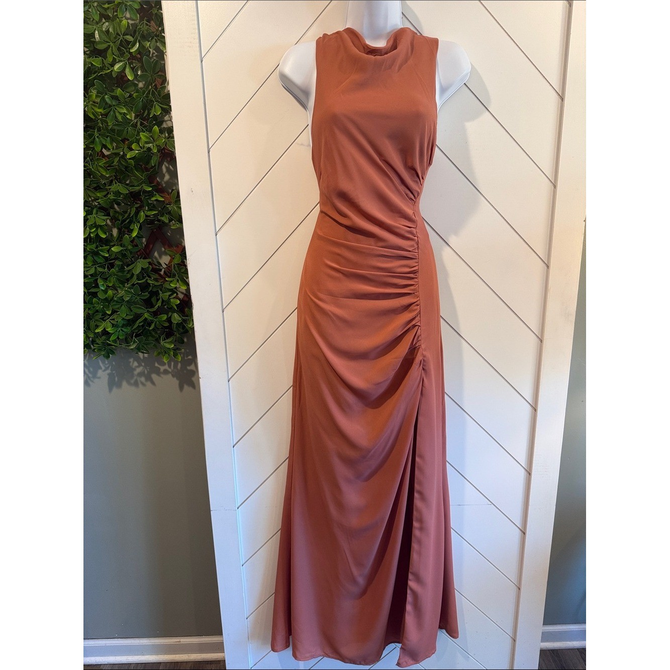 NWT-Mikaila Rusty Rose Cowl Neck Ruched Column Maxi Dress