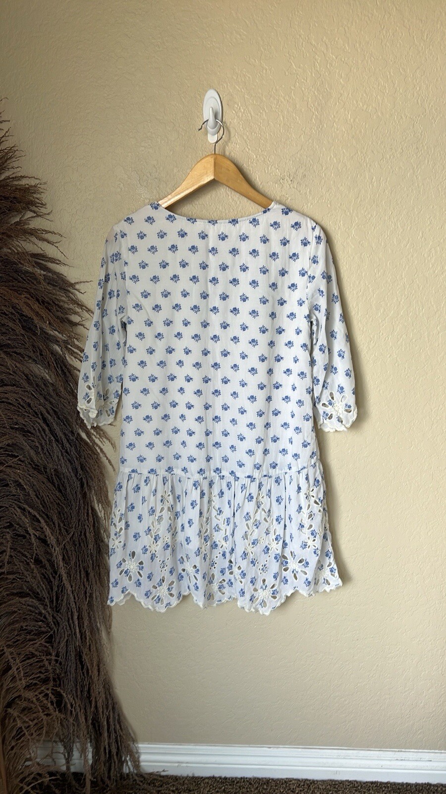 Meadow Rue White & Blue Floral Eyelet Mini Dress