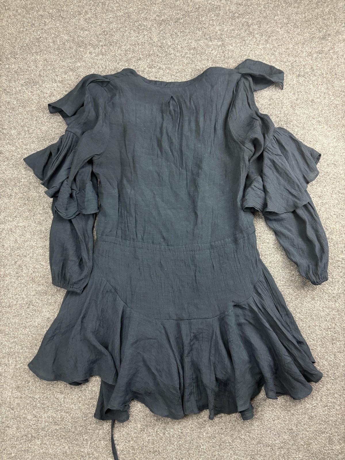 Flawless Dress Womens Small Charcoal Gray Ruffle Long Sleeve V Neck Tie Waist
