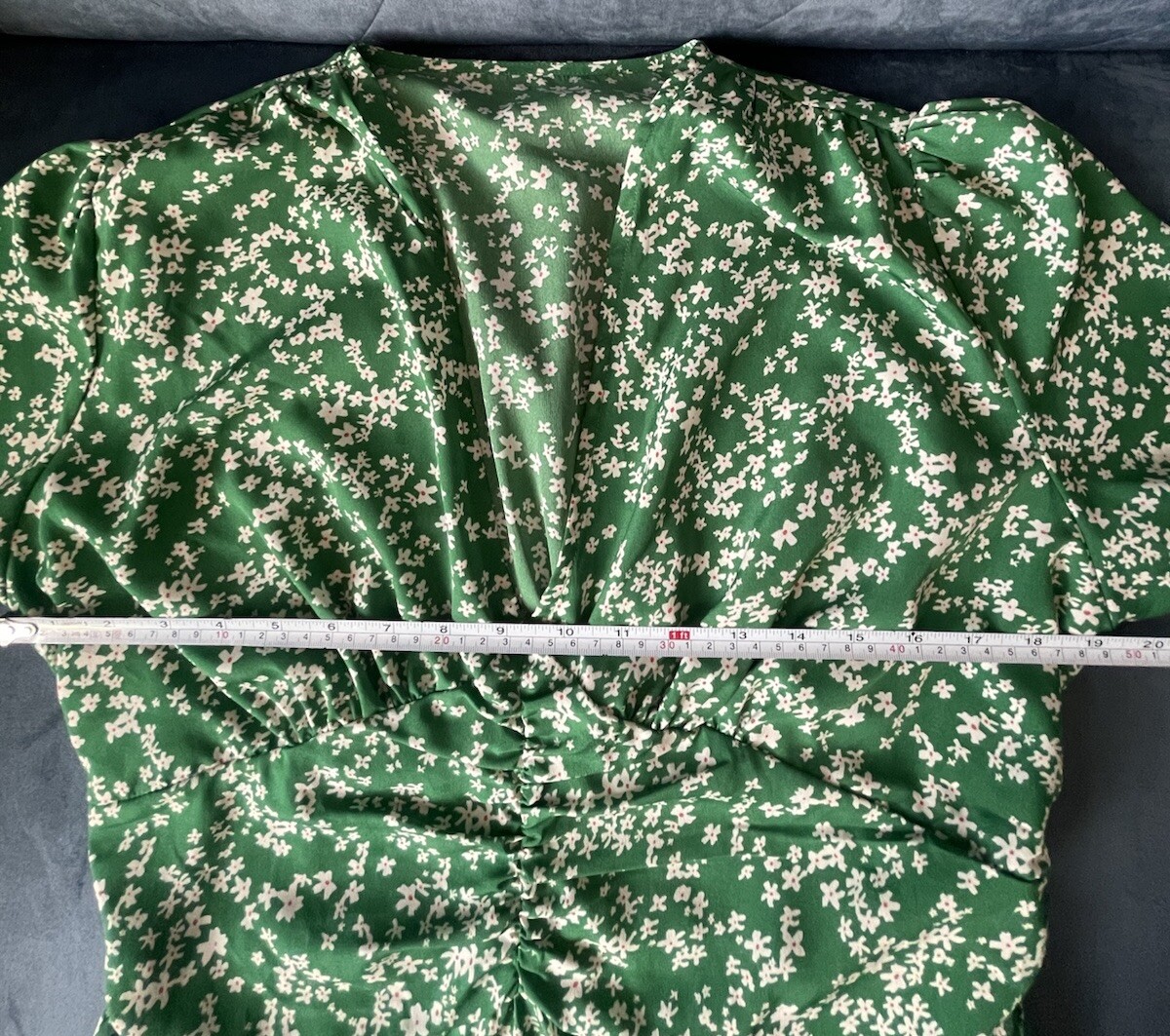 Cupshe Dress Green White Floral Sz L V Neck Gathered Pullover Short Sleeve EUC
