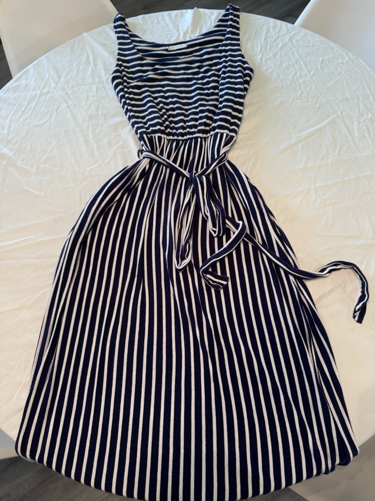 Pink Blush Blue White Striped Maxi Dress Round Neck Sleeveless Tie Waist S
