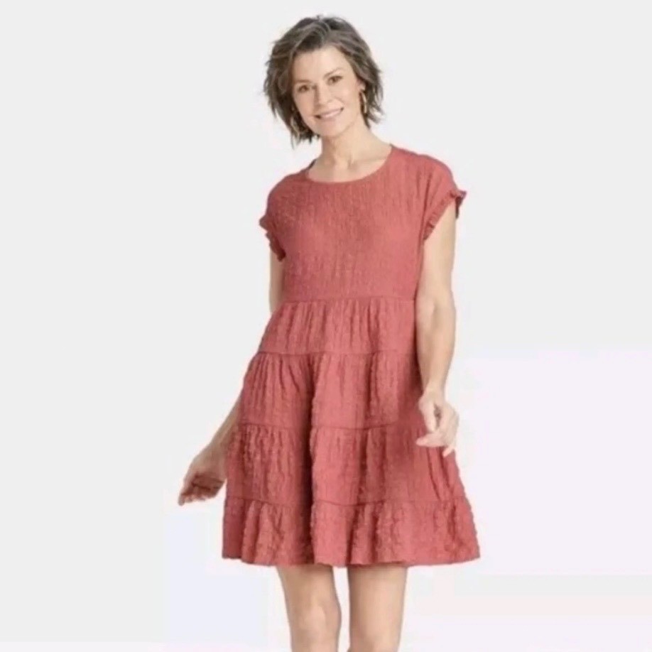 Knox Rose Terracotta Pink Tiered Babydoll Mini Dress with Pockets Size L