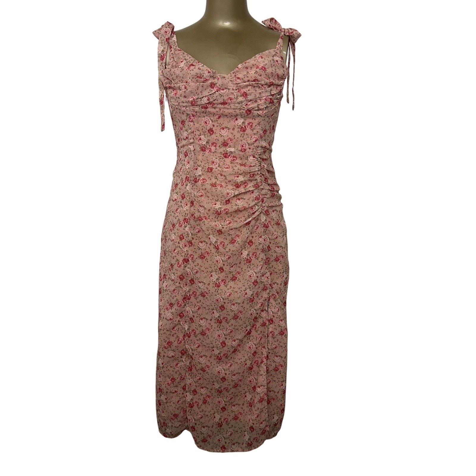Cupshe Pink Floral Tie Shoulder Ruched Midi Dress Sweetheart Neck Slit S Fairy