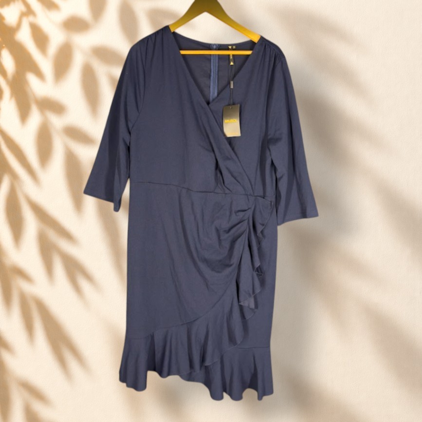 New Miusol Dress Women 3XL Plus Blue Shift Short V-Neck 3/4 Sleeve Zipper Casual