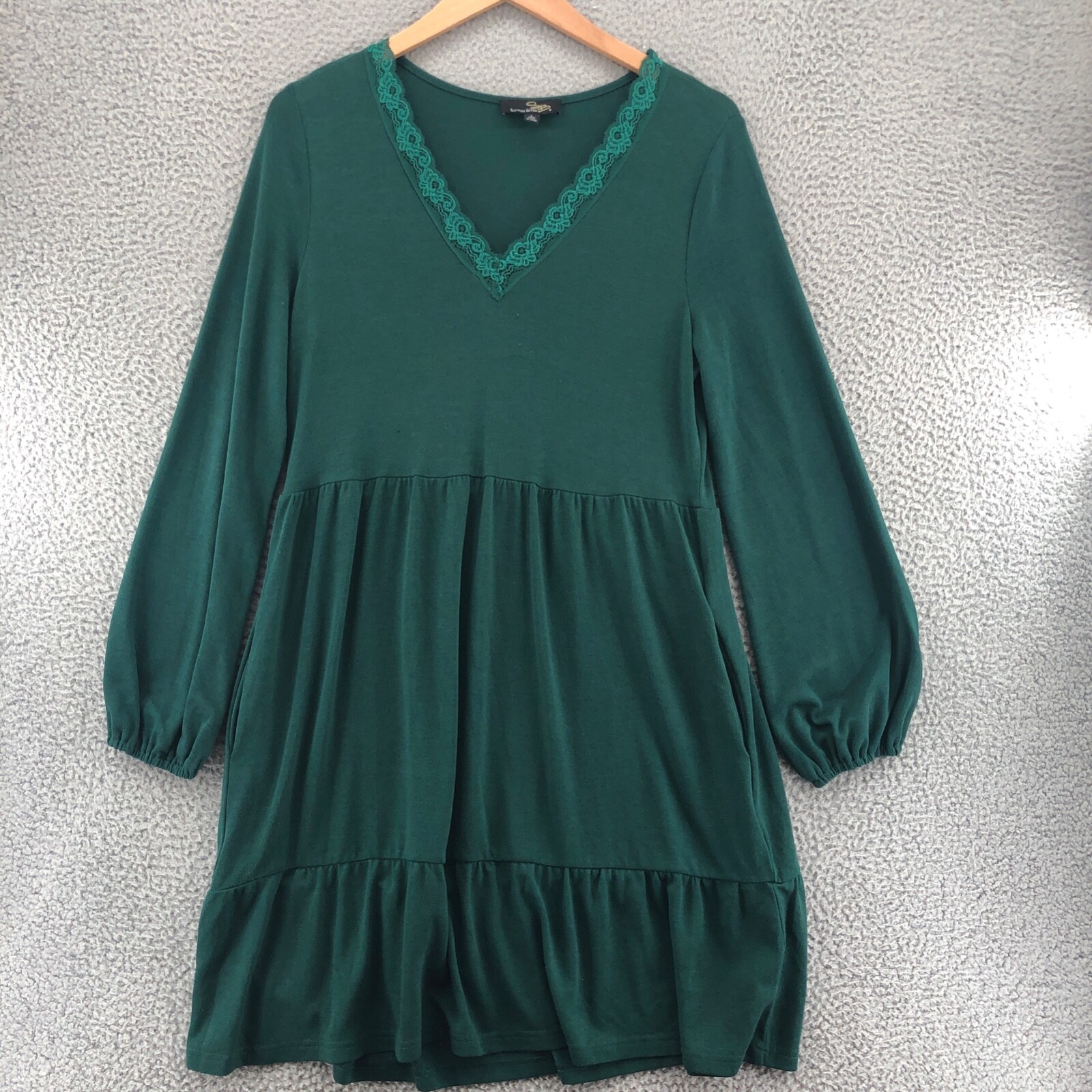 Suzanne Betro Dress Womens Large Green Tiered Balloon Sleeve Lace V Neck Pockets
