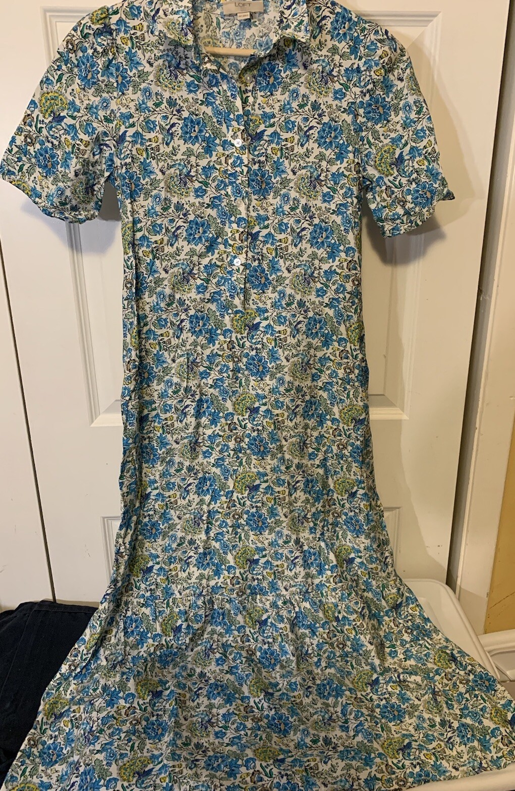 Loft Blue Green Yellow Floral Button Front Dress Sz XSP Petite Belt Dress