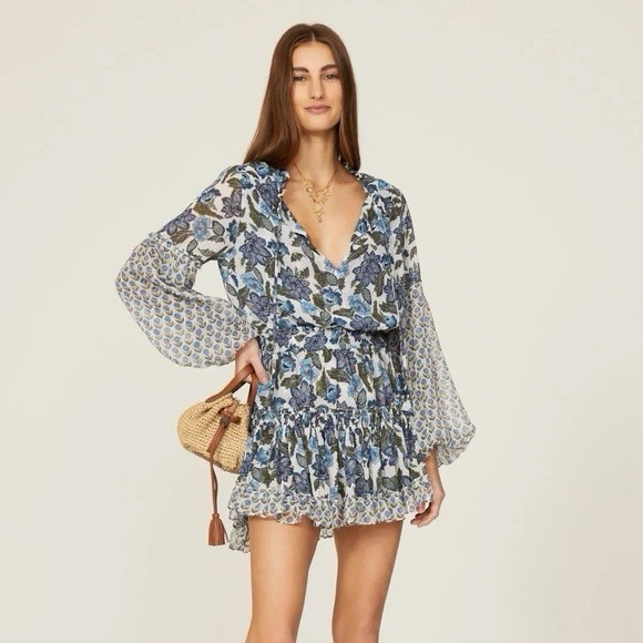 MISA Azulia Elisabetta Blue Floral Mini Dress XS Flora Print Designer