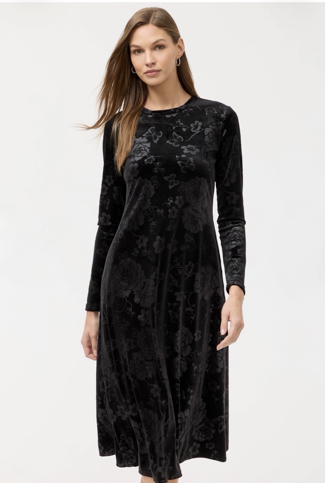New🌺 New Johnny Was Embossed Stretch Velvet Black Floral Midi Dress S
