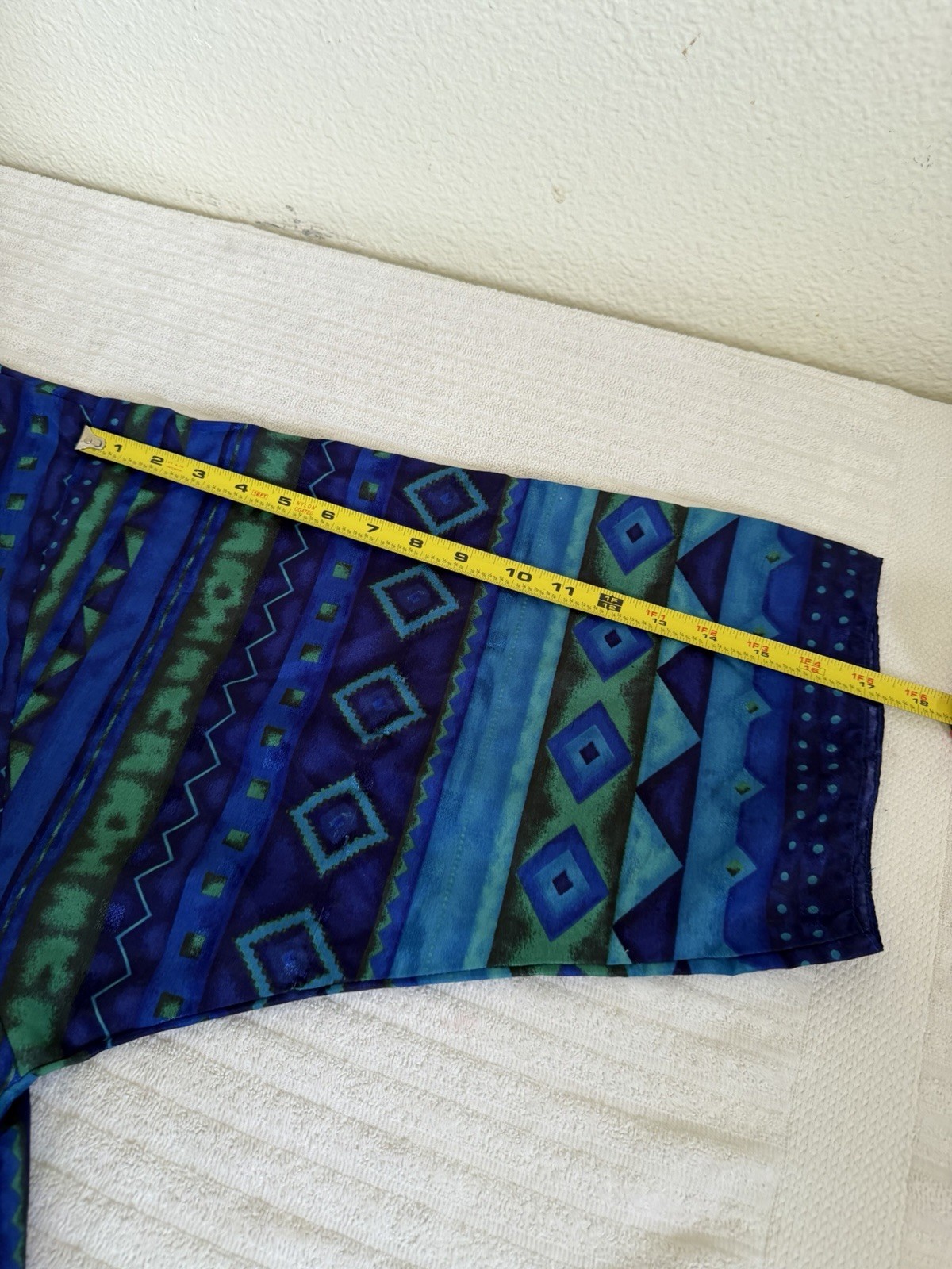 Sante Classics Women M Blue Green Geometric Print Button Front Long Dress Zipper