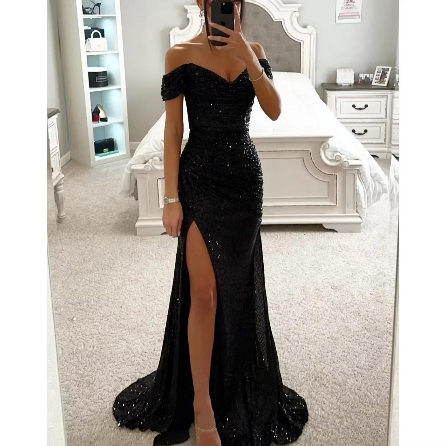 Women Off Shoulder Sequin Mermaid Prom Dress Long Slit Formal Evening Party Gown