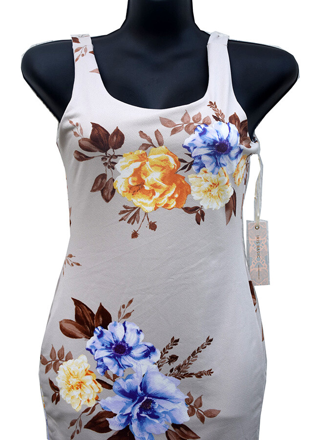 Iris Basic Tan Bodycon Floral Dress Women’s Size M Long Tunic Top, NEW!