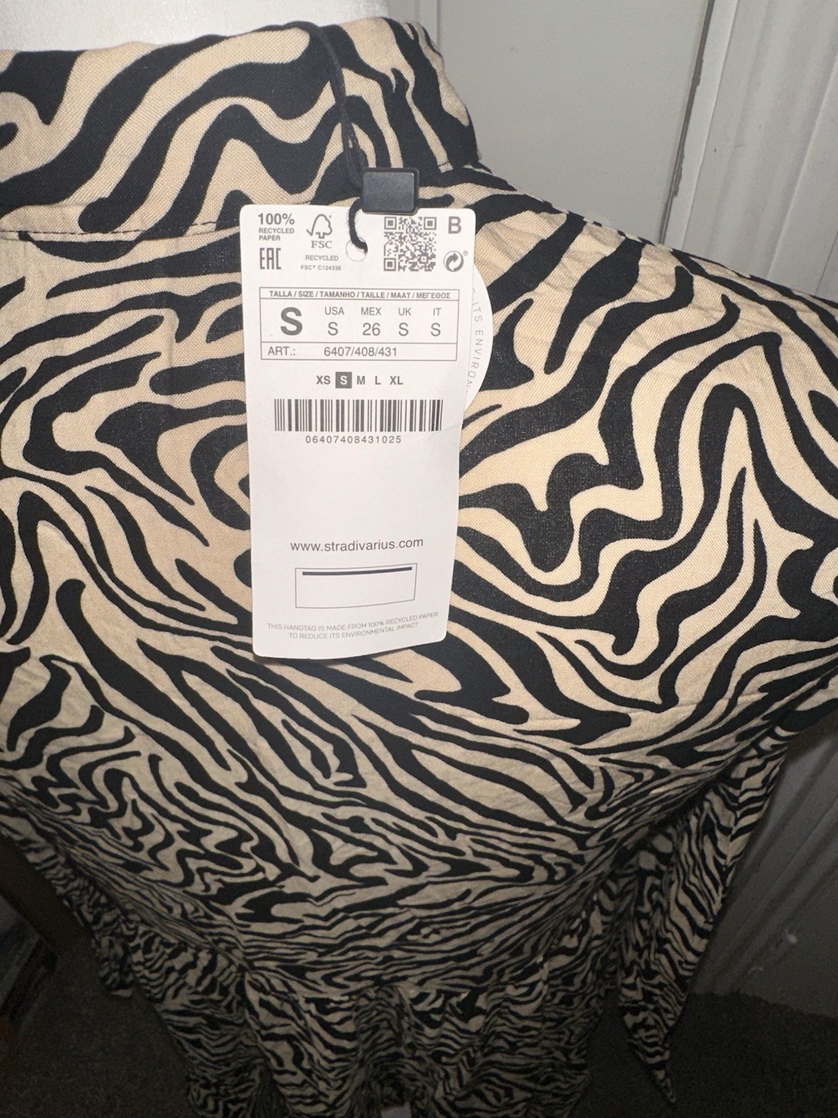 Stradivarius shirt dress size small BNWT zebra print brown black Long Sleeve