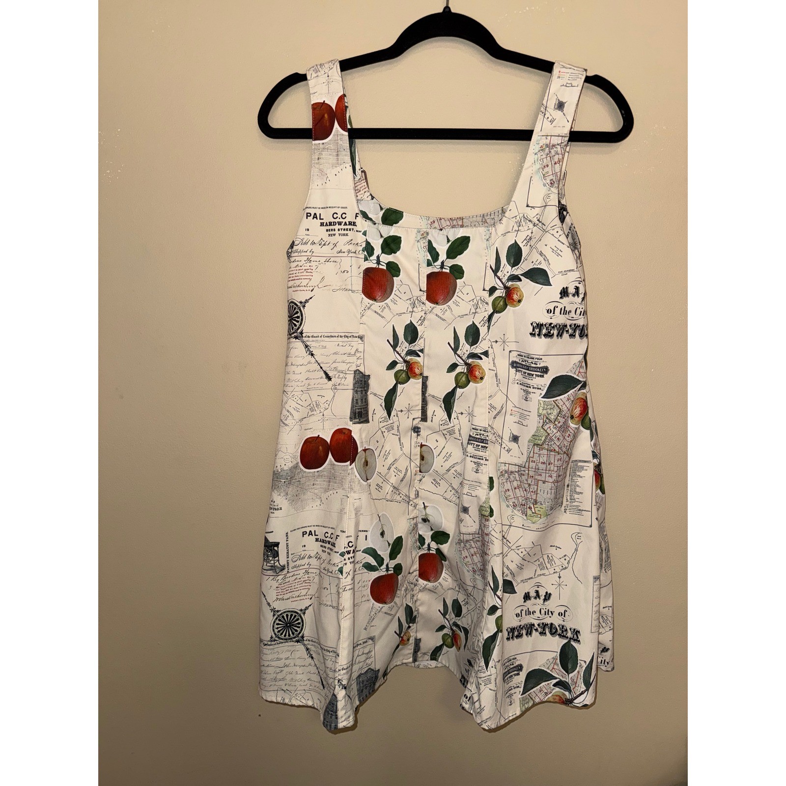 NYC Map Apple Print Pinafore Mini Dress Silver Buckle Straps Cream Sleeveless S