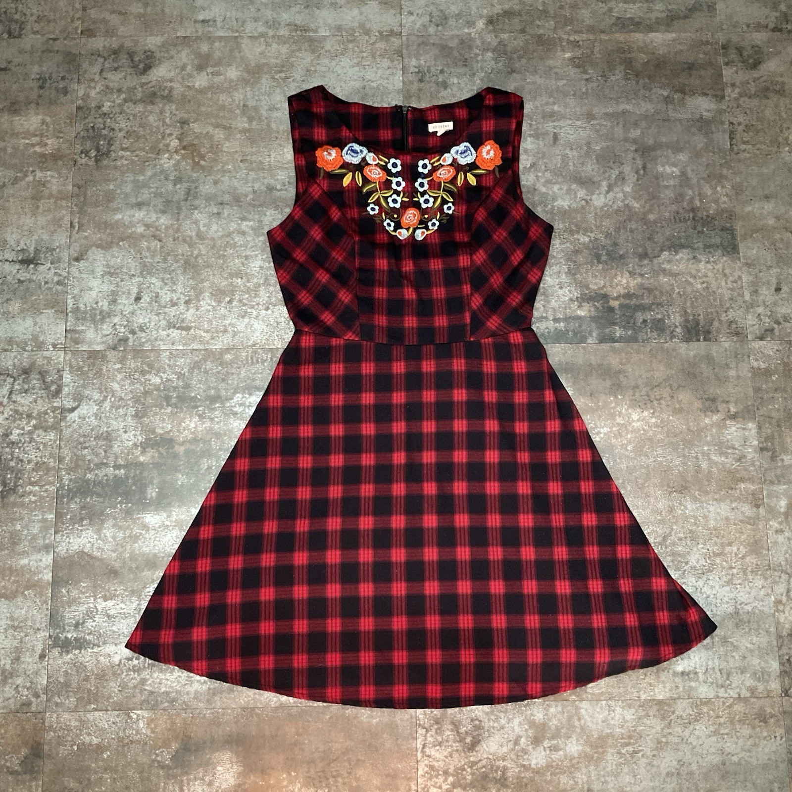 ModCloth En Crème Buffalo Plaid Fit & Flare Embroidered Floral Bib Dress, Sz S