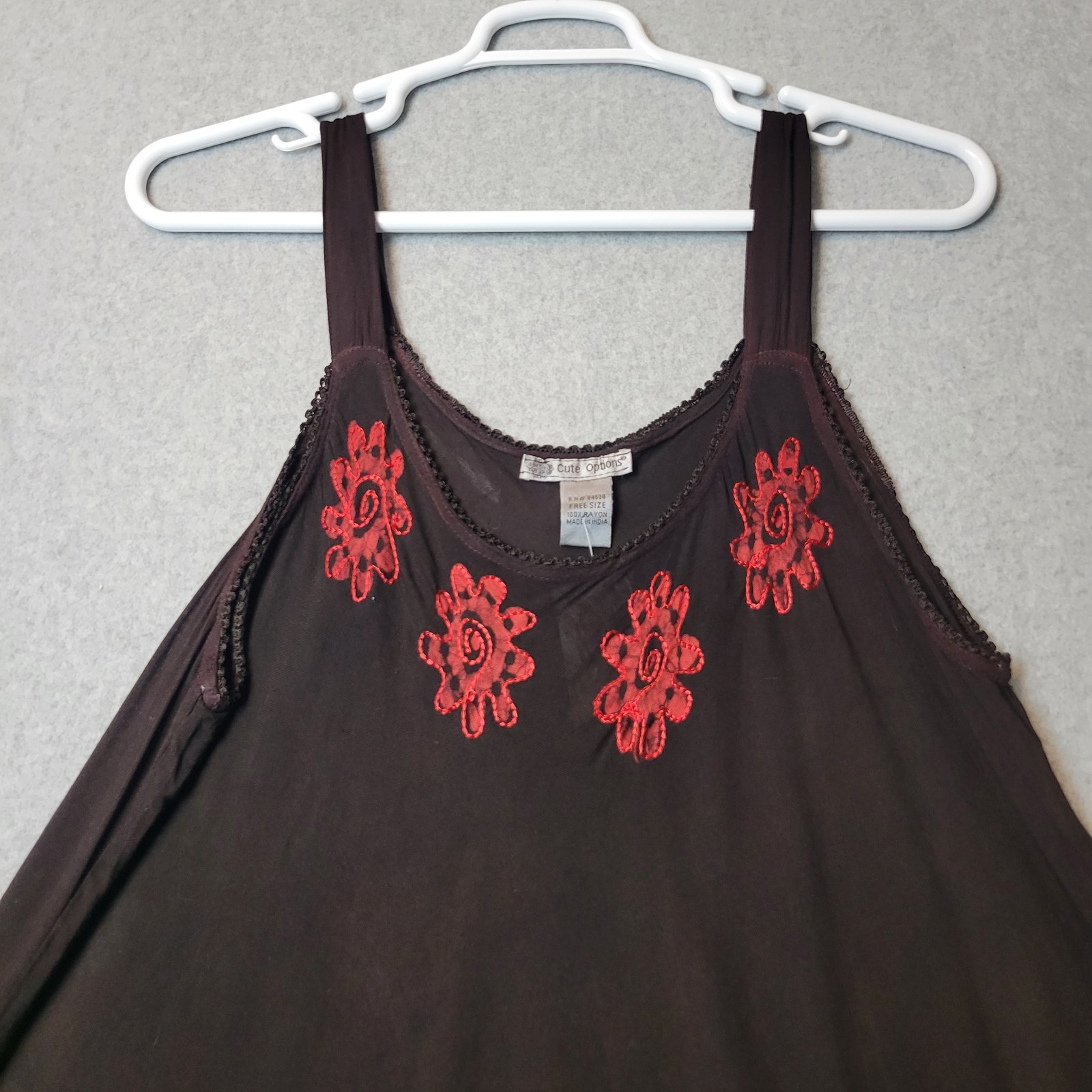 NWT Cute Options Chocolate Floral Embroidered Kaftan Tank Dress Womens Free Size