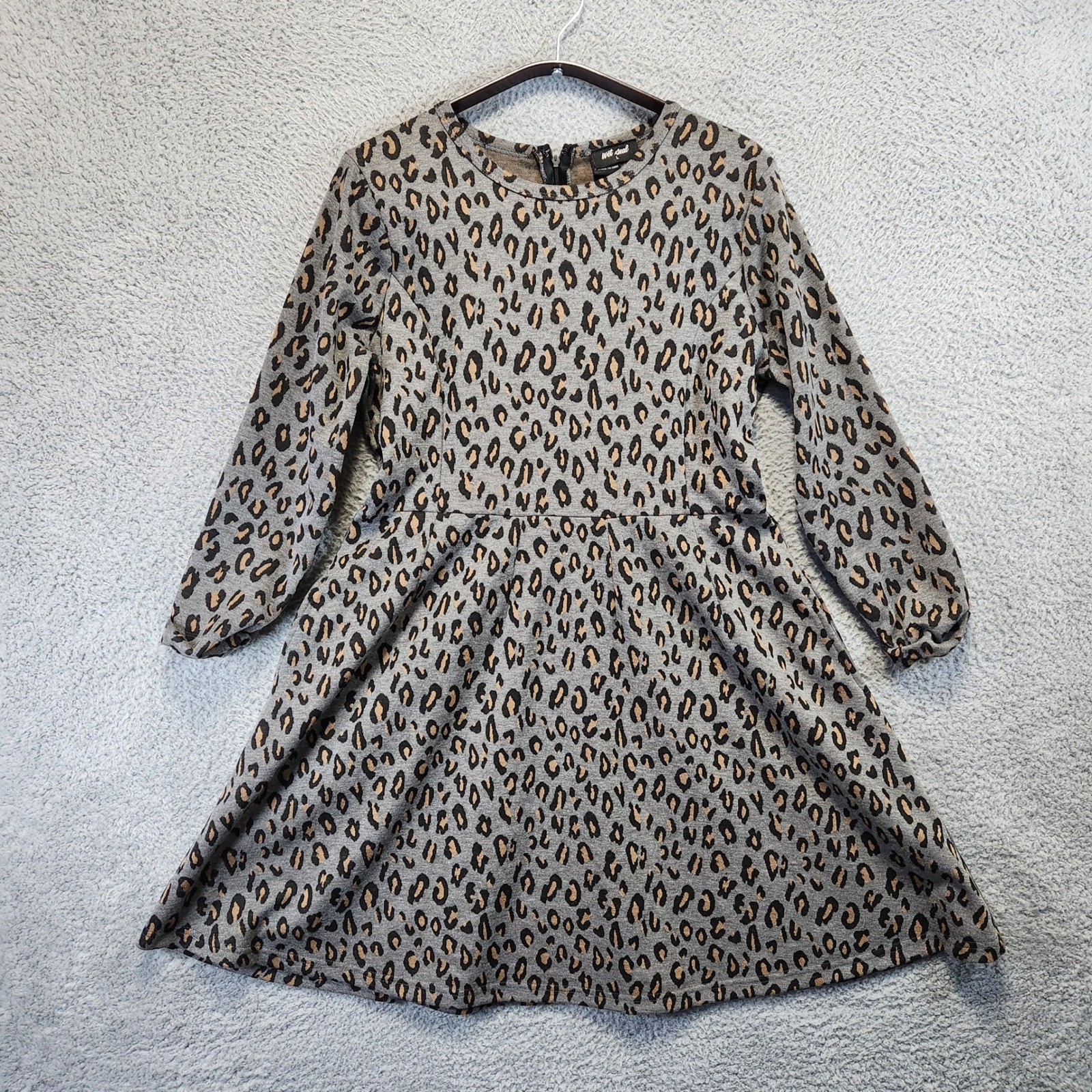 Wet Seal Leopard Print Long Sleeve Fit Flare Dress Womens Large Pockets Causal