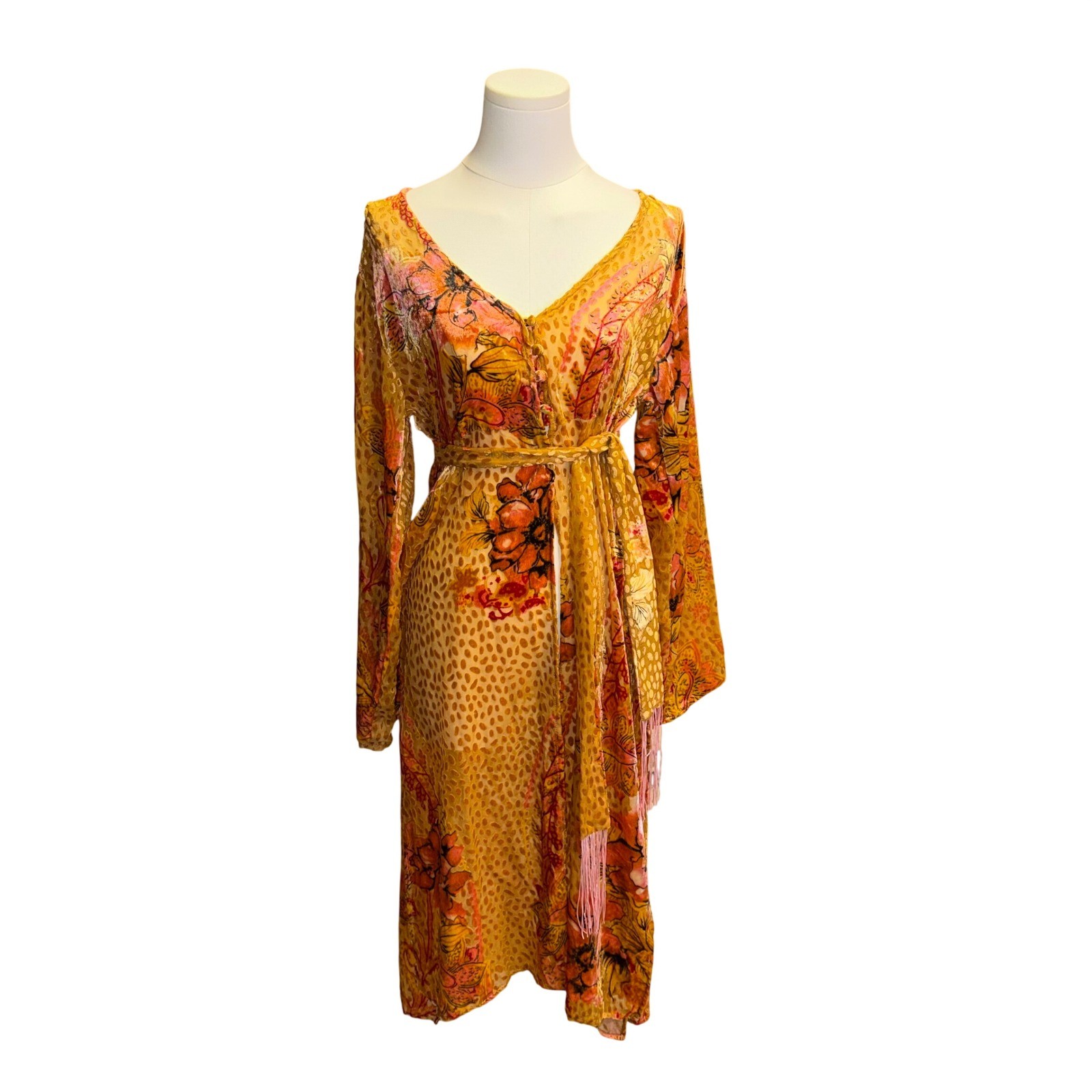 Nostalgia Devore Burnout Velvet Boho Dress Orange Floral Whimsigoth Retro 70s M