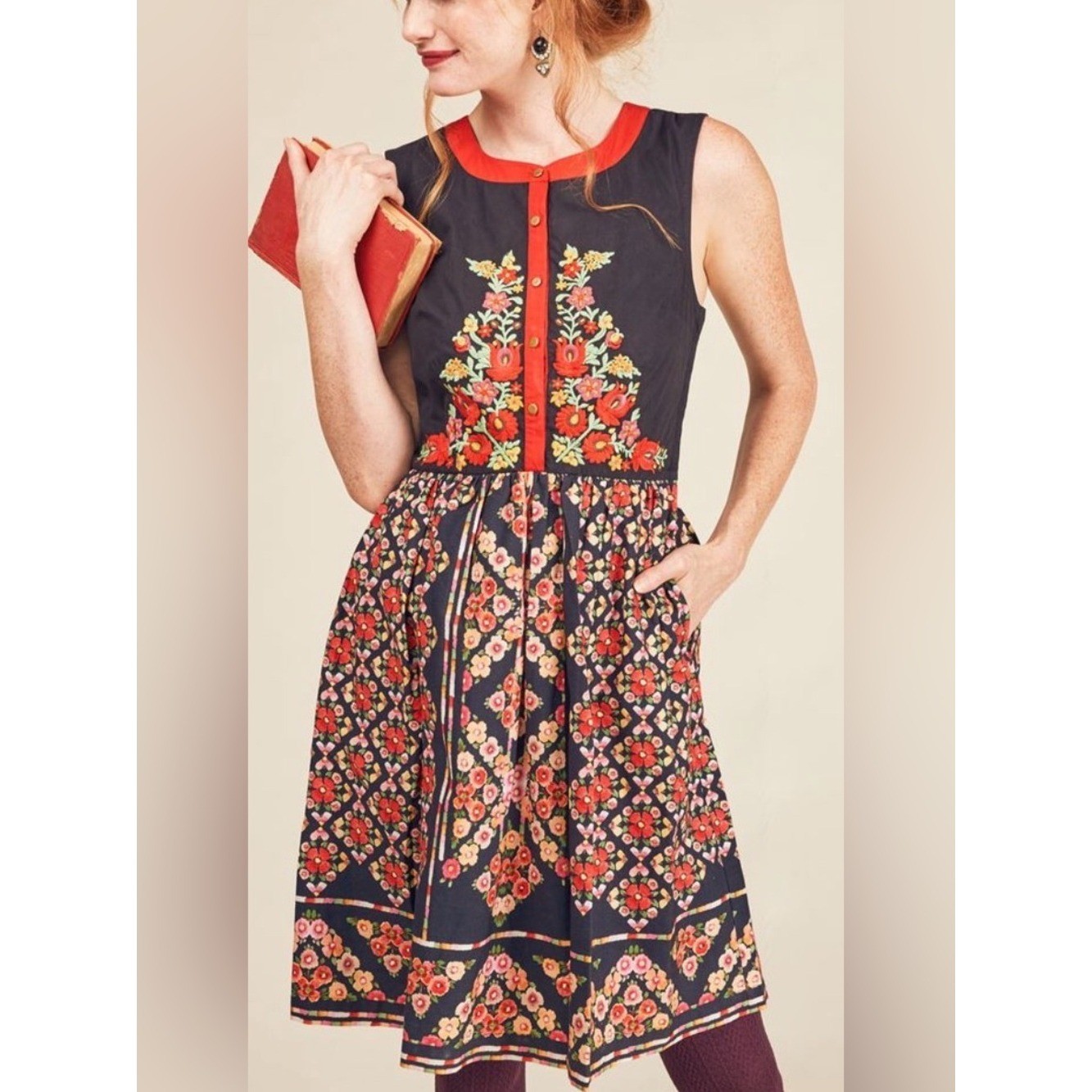 ModCloth Conversation Masterpiece A-Line Midi Dress retro floral Women Large