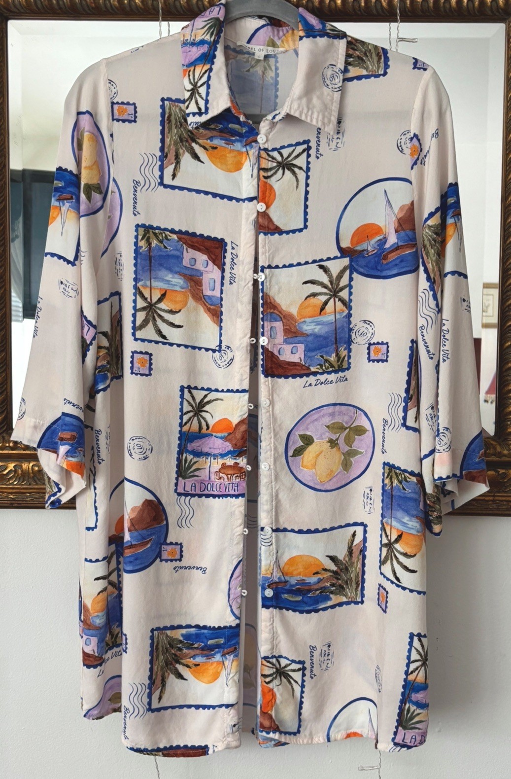 Label of Love Shirt Dress Tunic Button Up La Dolce Vita Postcard Travel Size L
