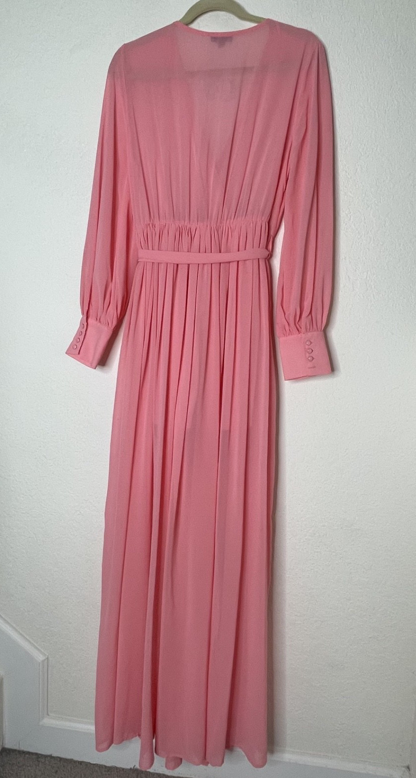 Miss Avenue Pink Maxi Dress Long Sleeve Tie Waist Flowy Lined Large Slit