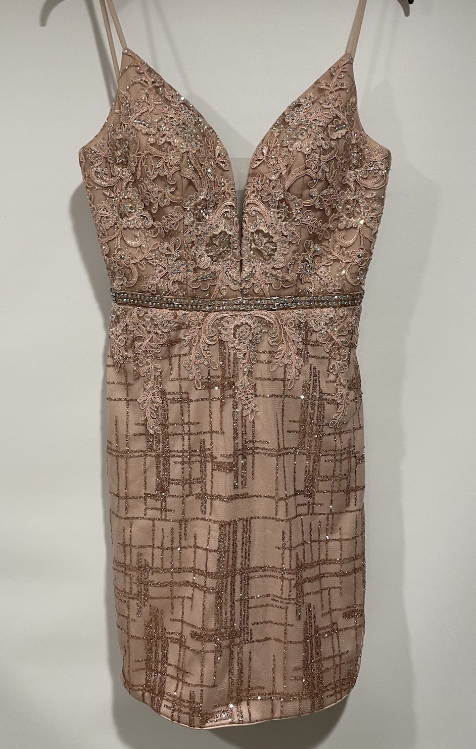 Dancing Queen Spaghetti Strap Glitter Dress Lined Rose Gold Prom Wedding Size S