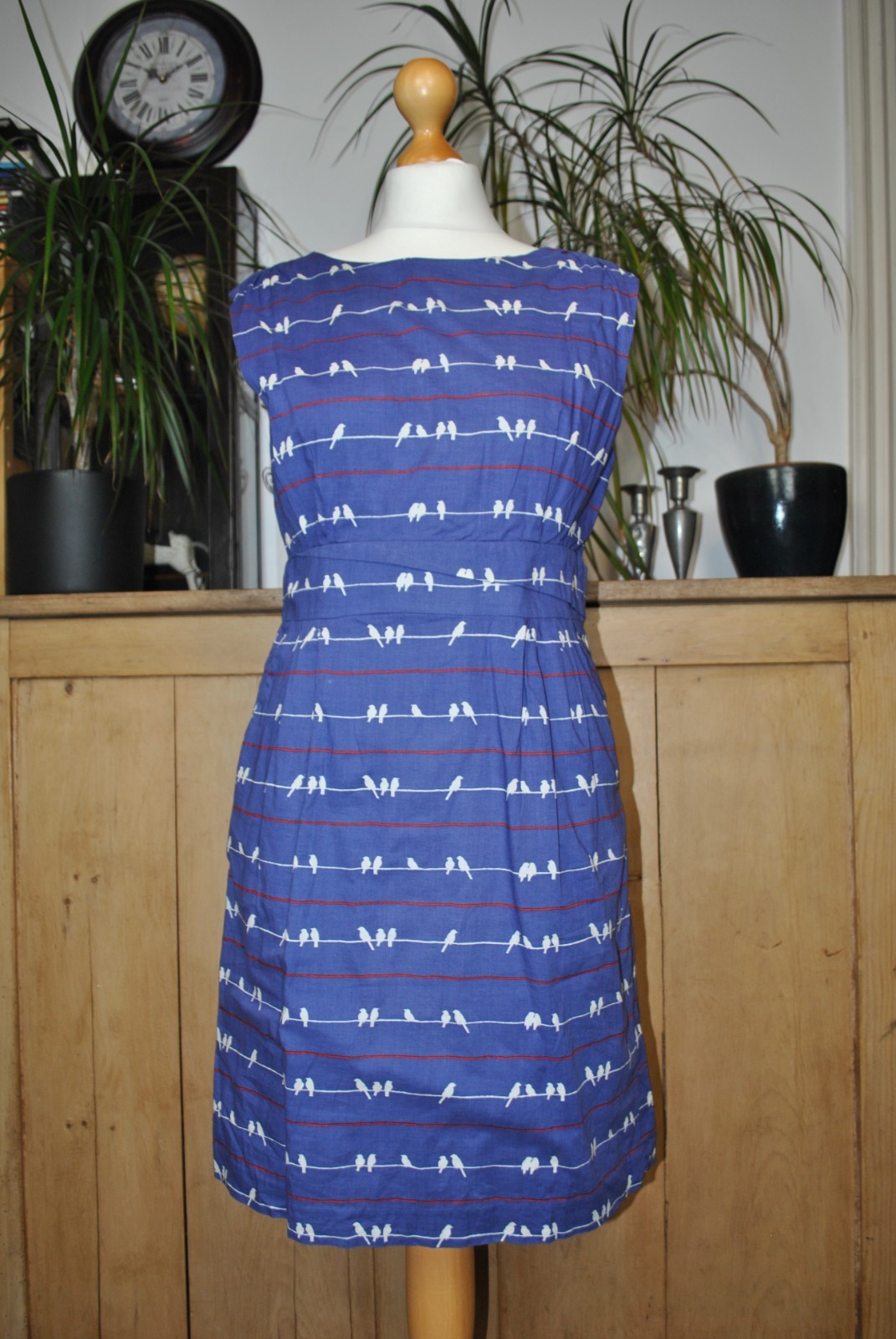 Poem by Oliver Bonas Blue Bird Print Cotton Sleeveless Fit & Flare Dress Size 12