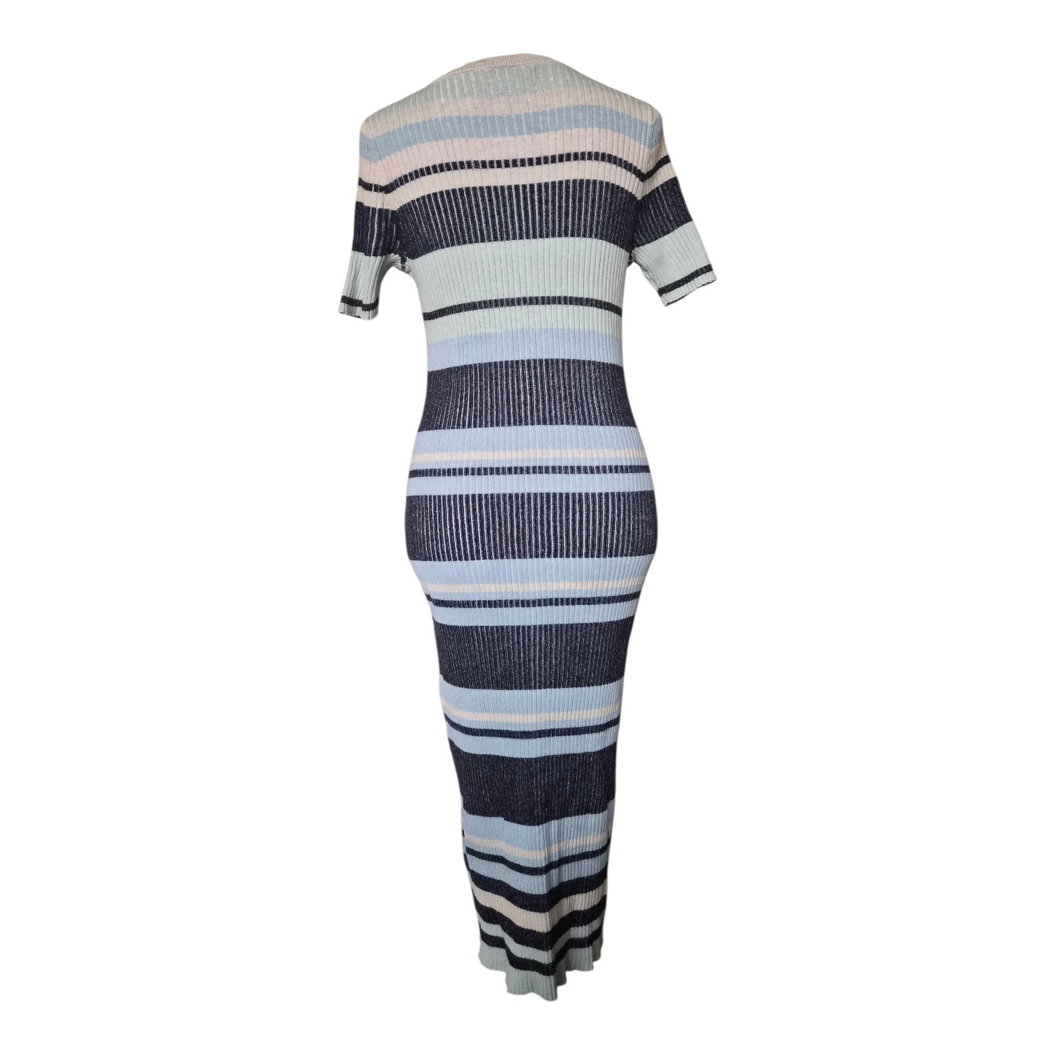 Stitches & Stripes Ribbed Knit Maxi Dress Size L Blue Stripe Short Sleeve NWOT