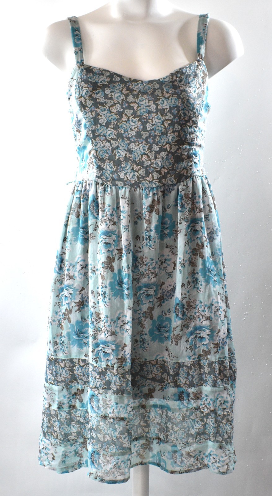 Mudd Y2K Floral Sun Dress Smocked Stretch Top Sheer Tiered Skirt Lined Women L