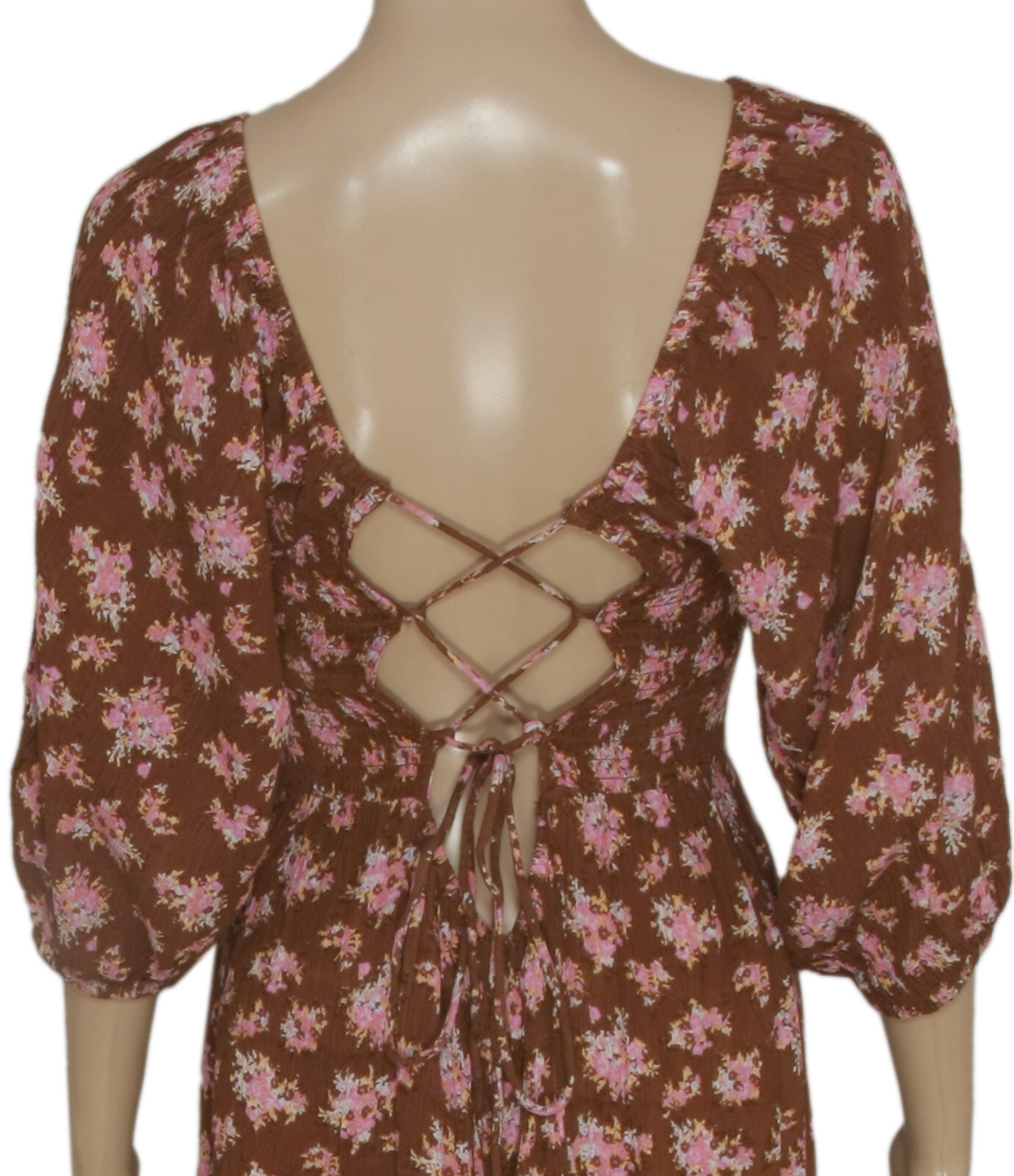 UO Lottie Chocolate Floral Tie-Back Midi Dress Printed Smocked Puff Sleeve S NEW