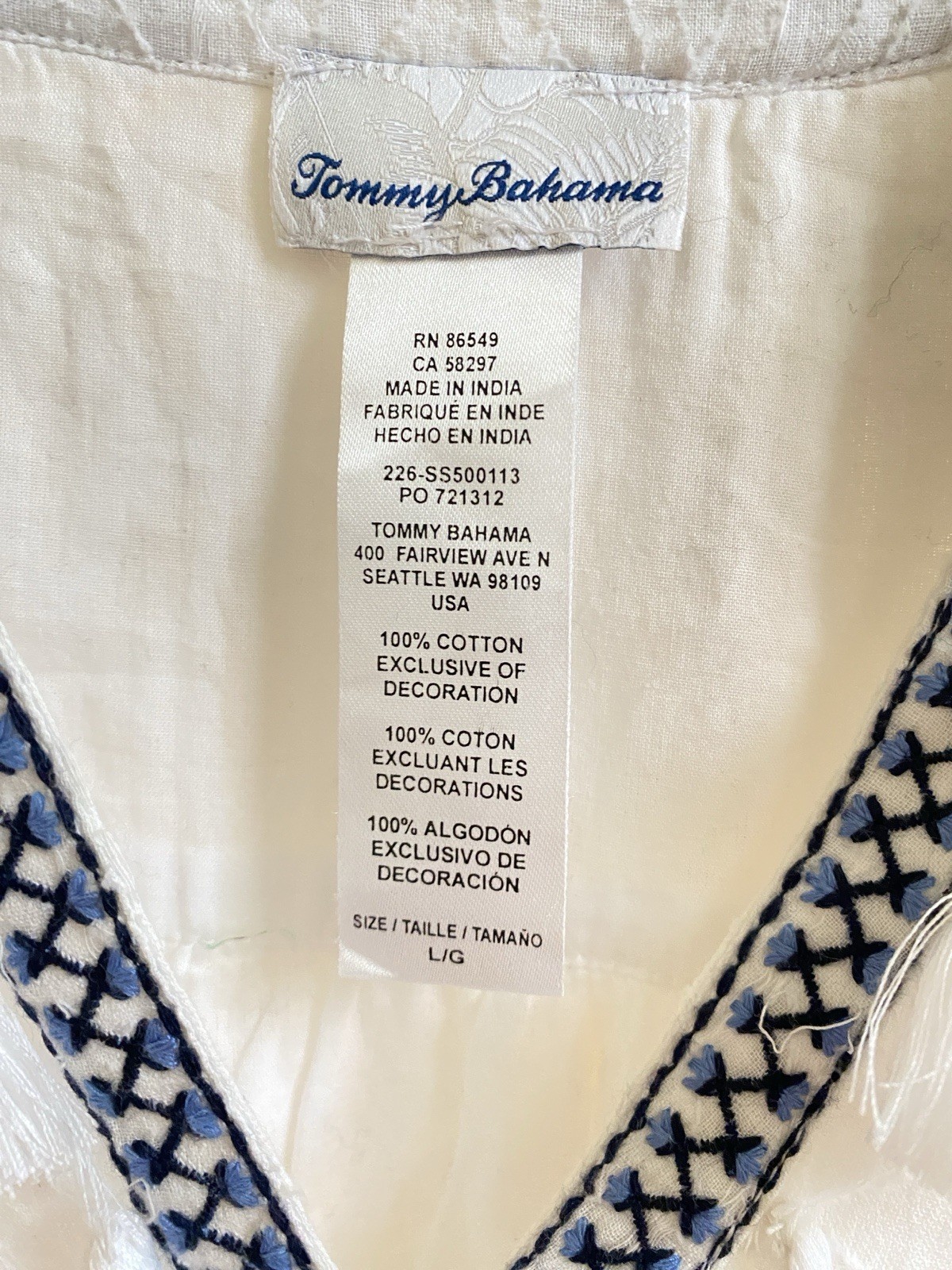 Tommy Bahama White Embroidered Tiered Cotton Dress Size Large