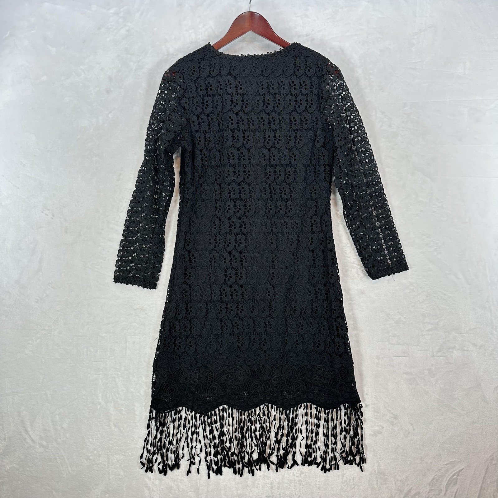 Vintage Michael K Dress Womens Small Black Crochet Lace Fringe Hem Boho Y2K