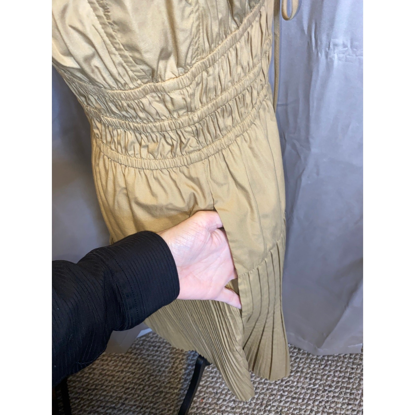 Current Air Los Angeles Anthropologie Dress S Tan Pleated Flutter Sleeve Smocked