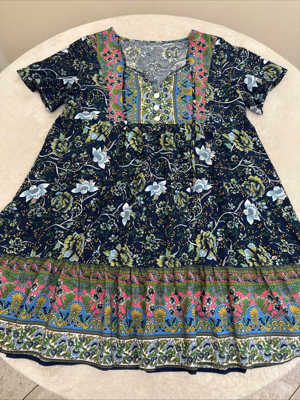 Womans Floral Blue Short Sleeve STRETCH Summer Dress Size LARGE 8/10 NEW!