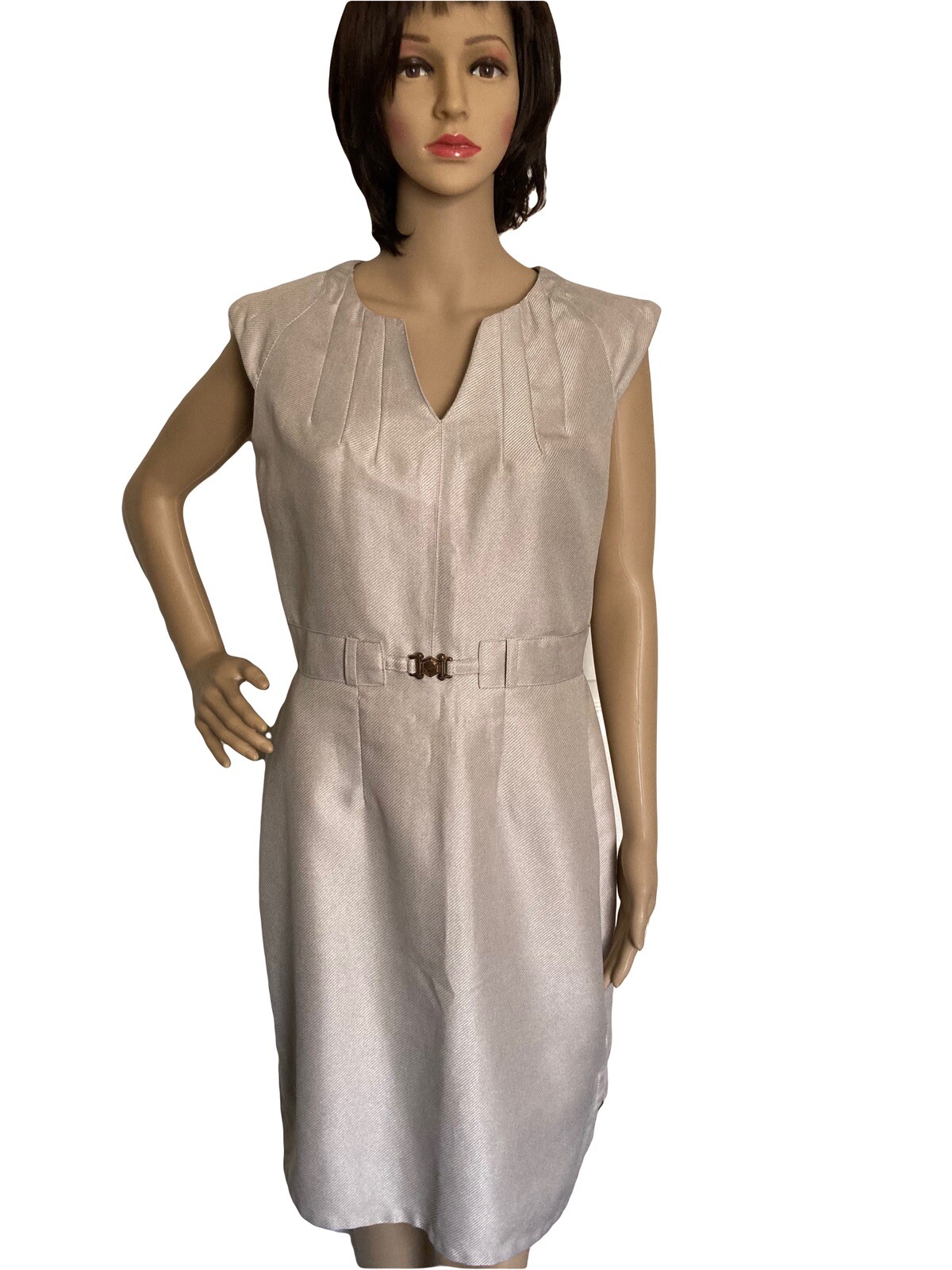 Women’s Beige Belted Dress SZ 8 Bodycon Shimmer Fabric By Shelby Palmer