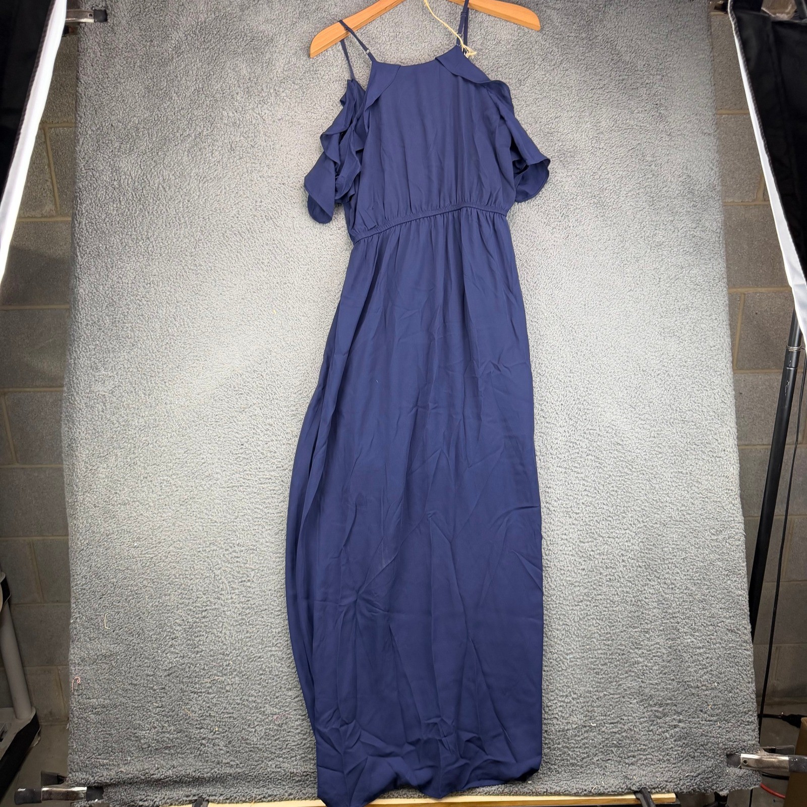 MMMMMM Navy Blue Cold Shoulder Ruffle High Low Maxi Dress Womens Medium