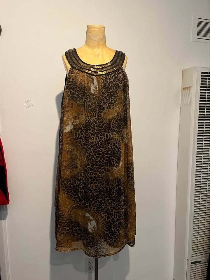 Leopard Print Embellished Neckline Midi Dress