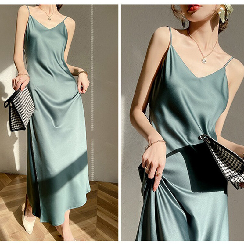 Lady Silk Satin Slip Dress Spaghetti Strap V Neck Sleeveless Lingerie Long Dress