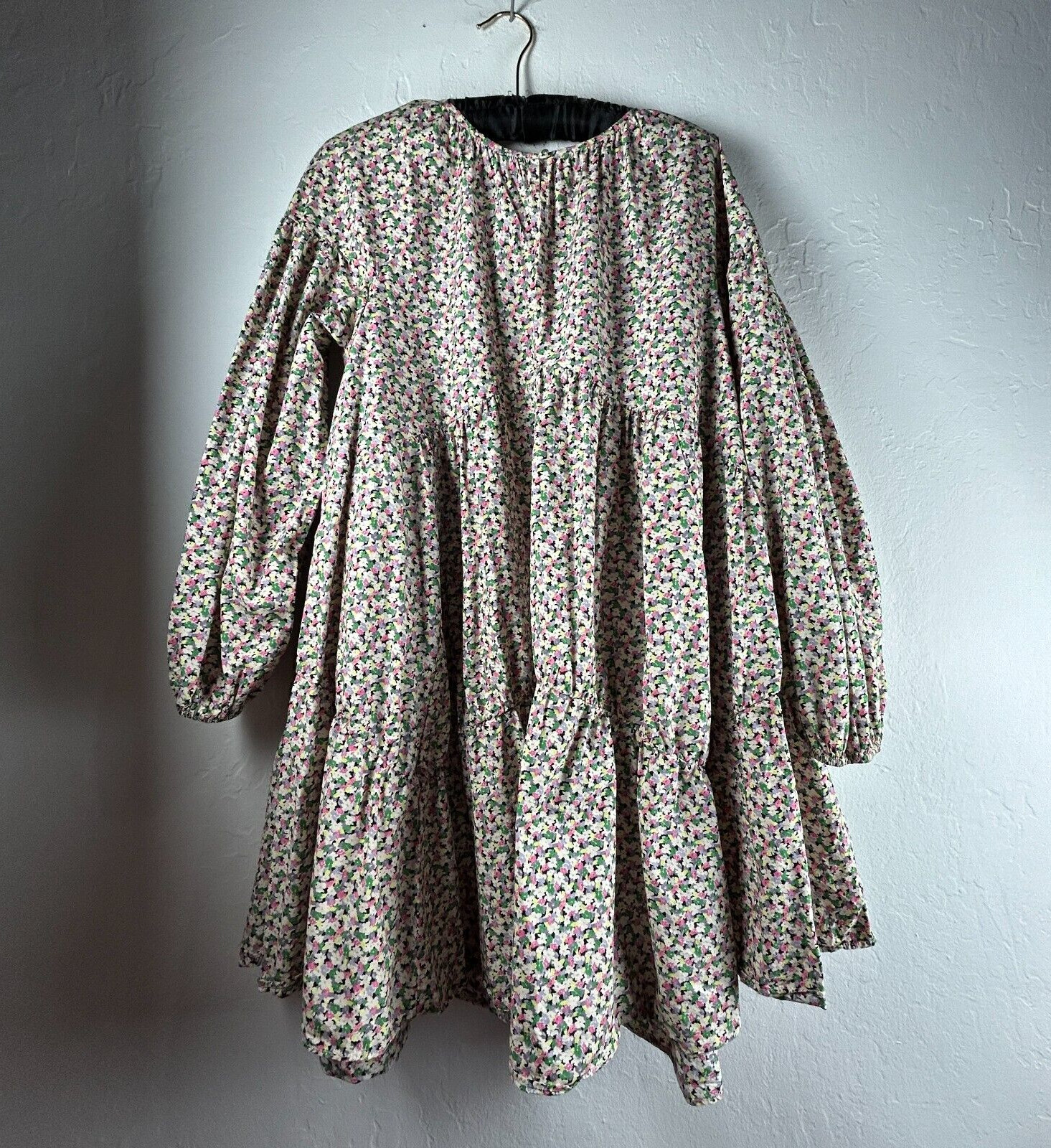 H&M Tiered Mini Dress Balloon Sleeve Floral Print Keyhole Button Small Cotton
