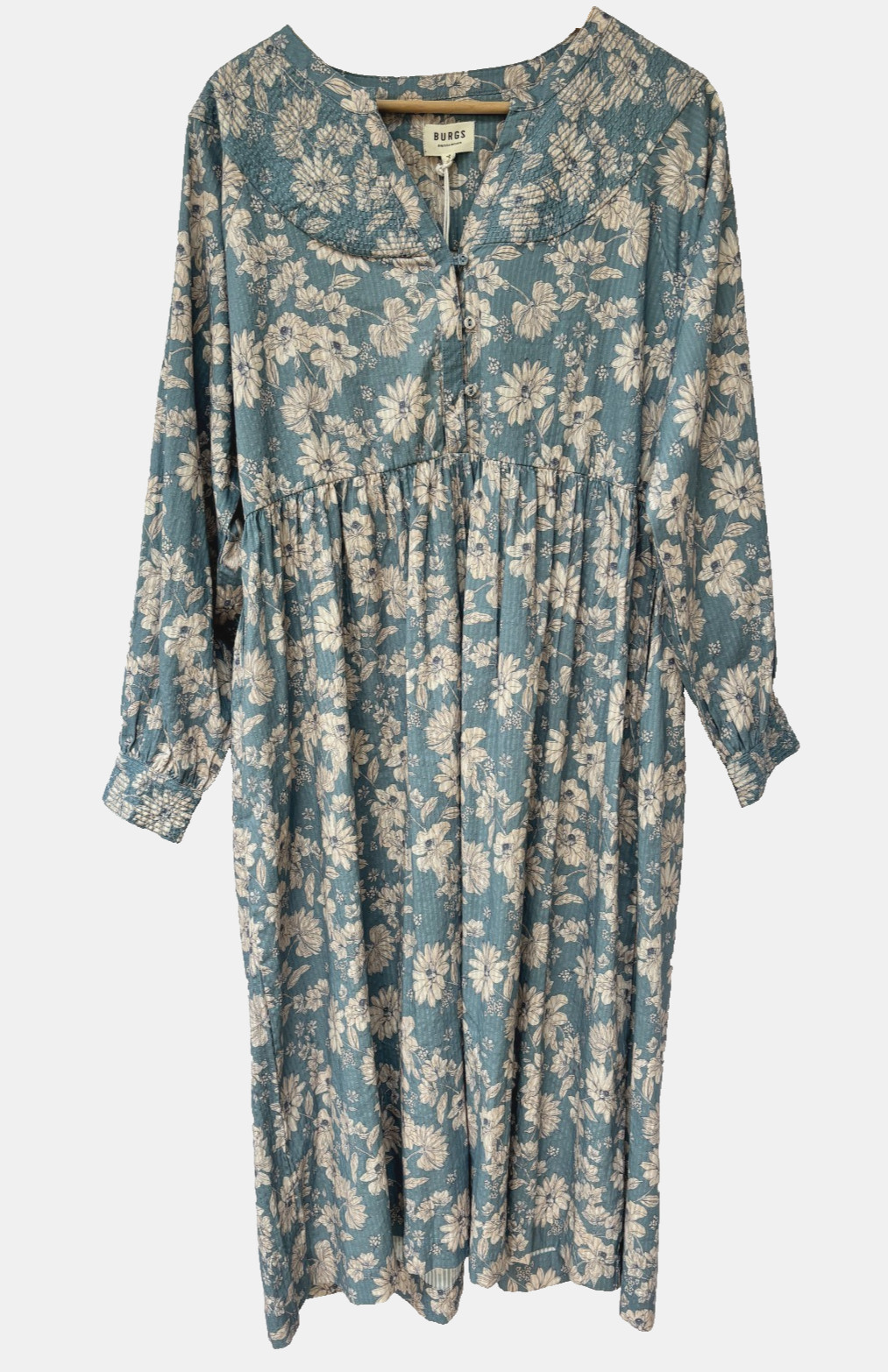 BNWT Burgs Slate Blue Floral Cotton Smock Dress UK 12 Pockets Peasant Prairie