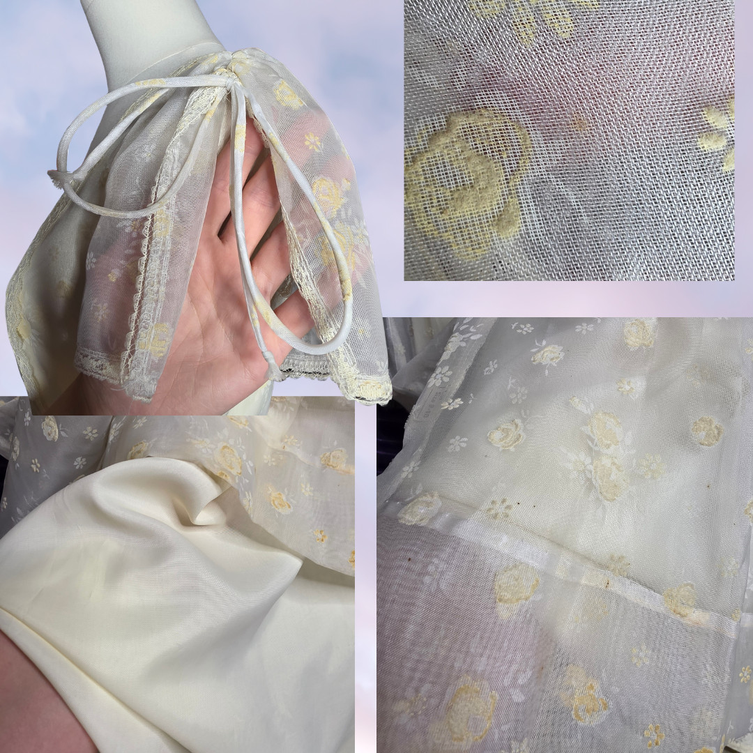 60s 70s Vtg Long Maxi Prairie Cottage Cream Floral Ruching Frill Dress Sz 9 / 10