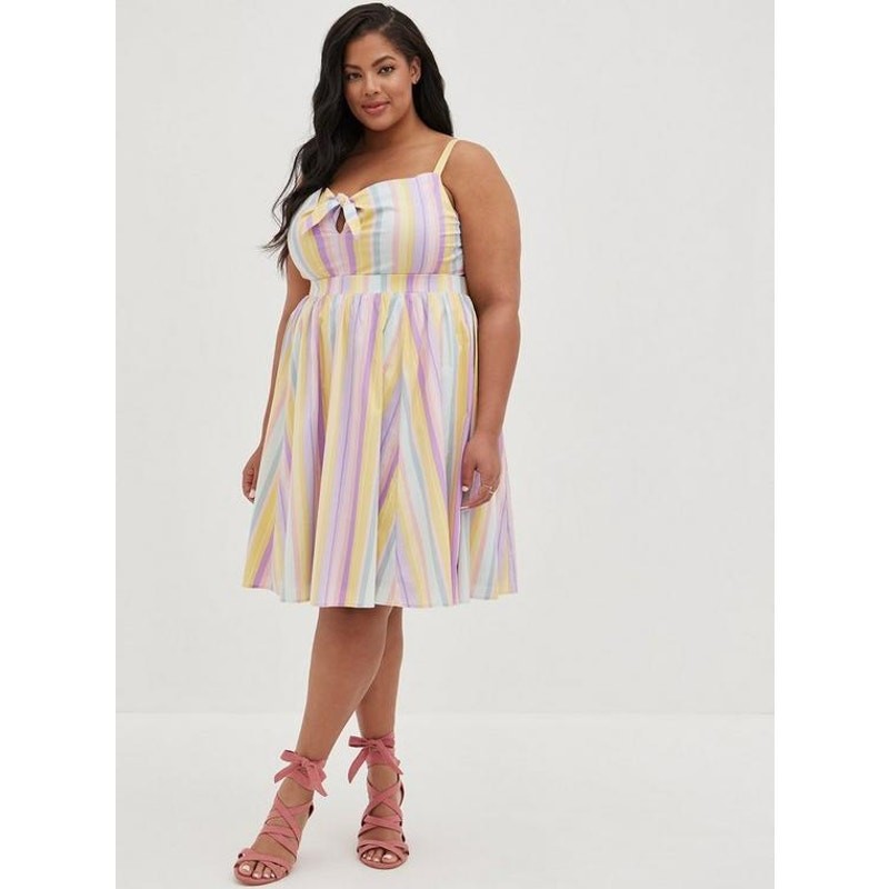 TORRID Pastel Rainbow Stripe Poplin Tie Front Skater Dress Pockets Size 2X 2