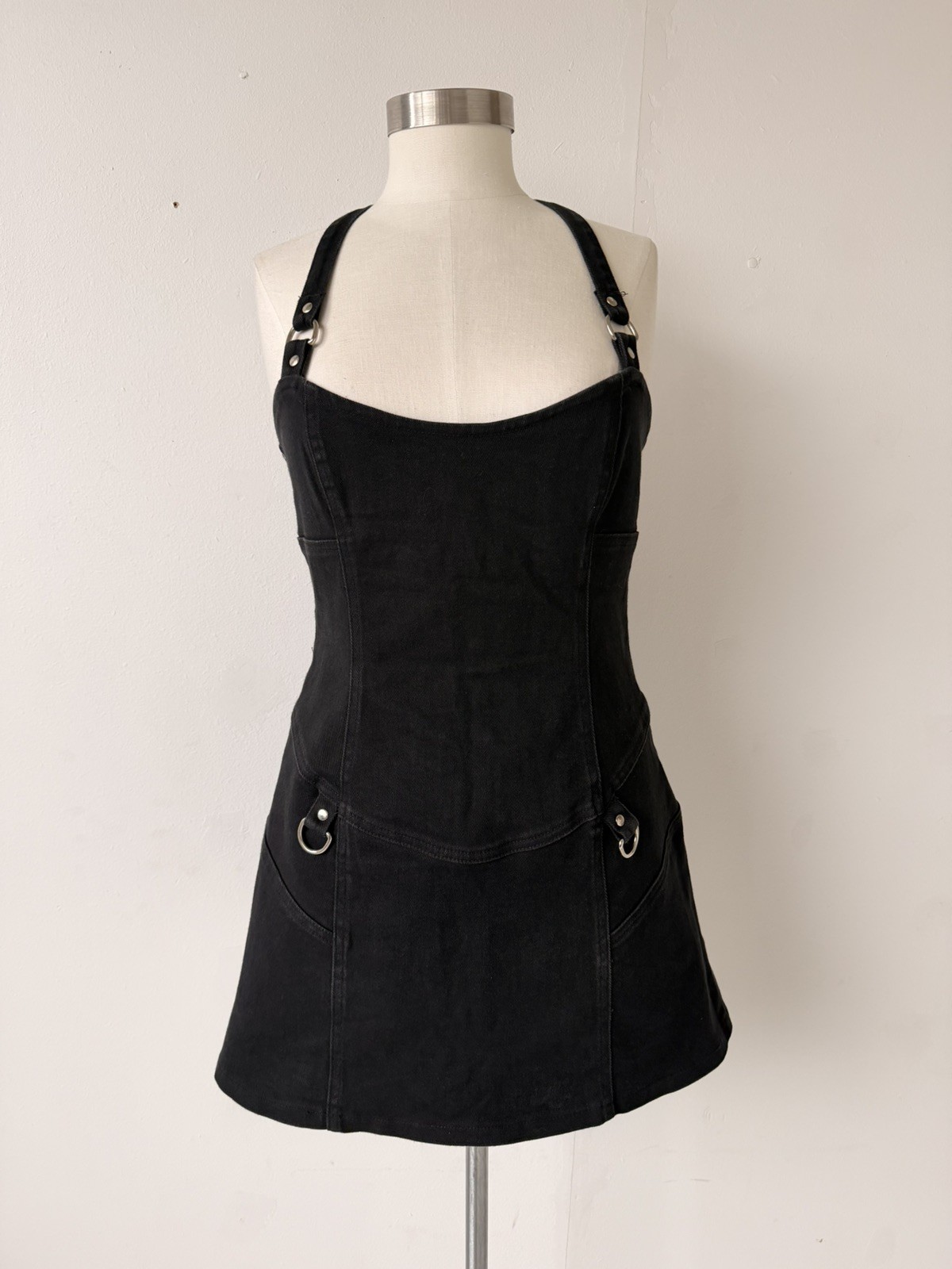Vintage Lip Service Black Denim Zip Up Mini Dress Punk Goth Bondage Hardware XL